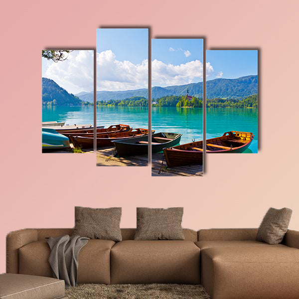 Landscape with boats at the pier of Bled Lake, on the Bled Island on the background Multi panel canvas wall art