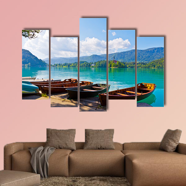 Landscape with boats at the pier of Bled Lake, on the Bled Island on the background Multi panel canvas wall art