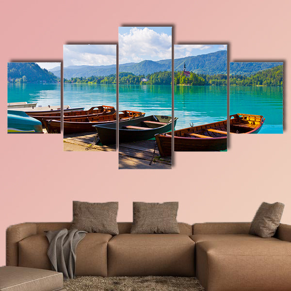 Landscape with boats at the pier of Bled Lake, on the Bled Island on the background Multi panel canvas wall art