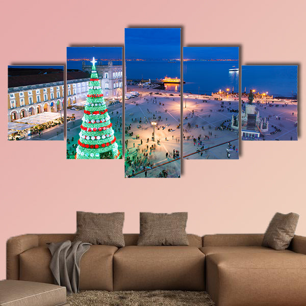 Christmas tree on Commerce square at twilight in Lisbon, Portugal multi panel canvas wall art