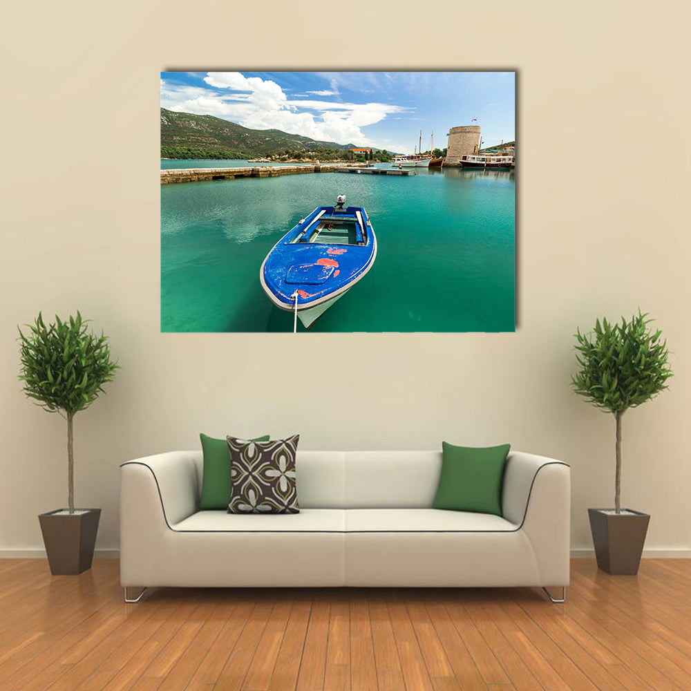 A Blue Boat Standing In The Port In Croatia, Europe, Multi Panel Canvas Wall Art