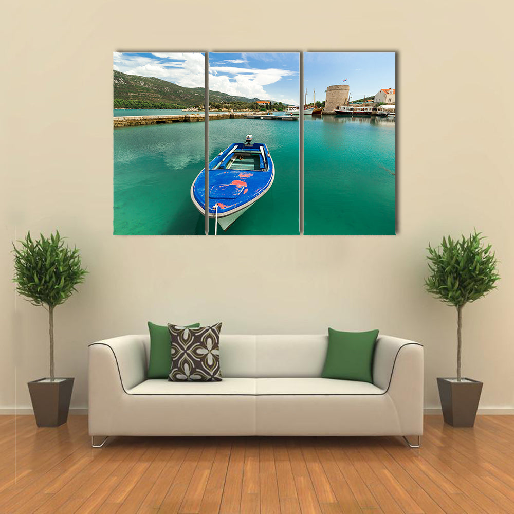 A Blue Boat Standing In The Port In Croatia, Europe, Multi Panel Canvas Wall Art