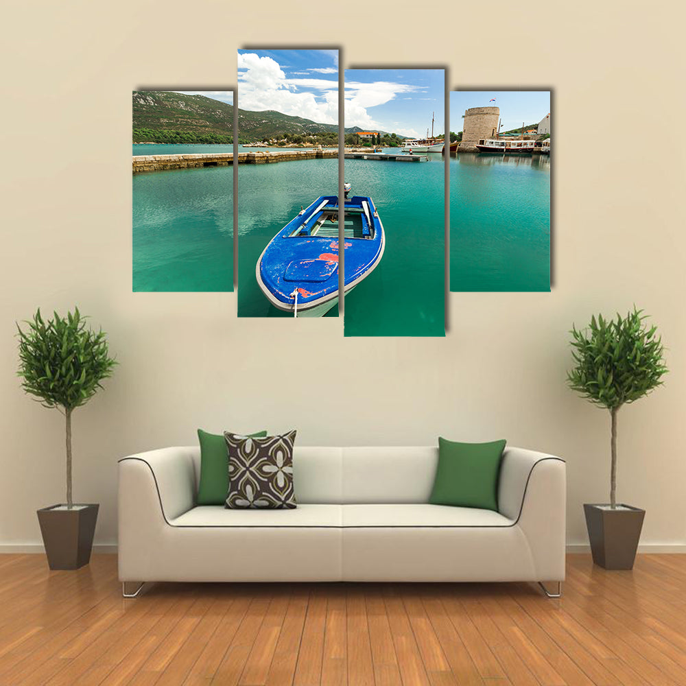 A Blue Boat Standing In The Port In Croatia, Europe, Multi Panel Canvas Wall Art