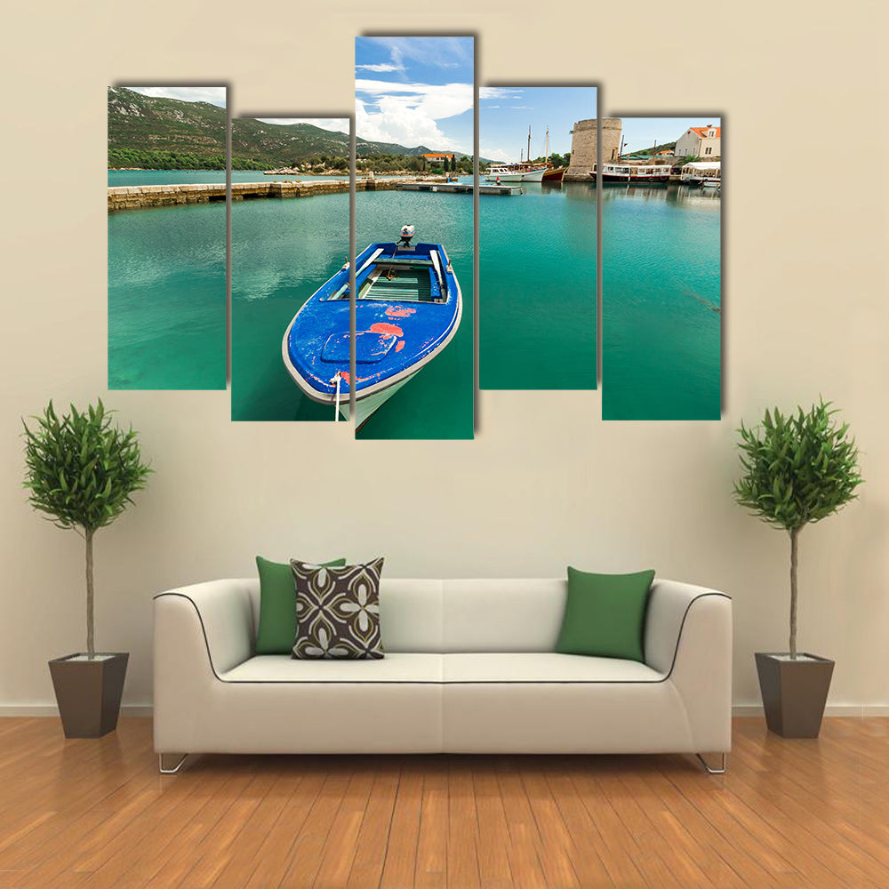 A Blue Boat Standing In The Port In Croatia, Europe, Multi Panel Canvas Wall Art