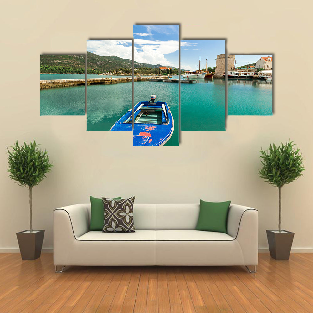A Blue Boat Standing In The Port In Croatia, Europe, Multi Panel Canvas Wall Art