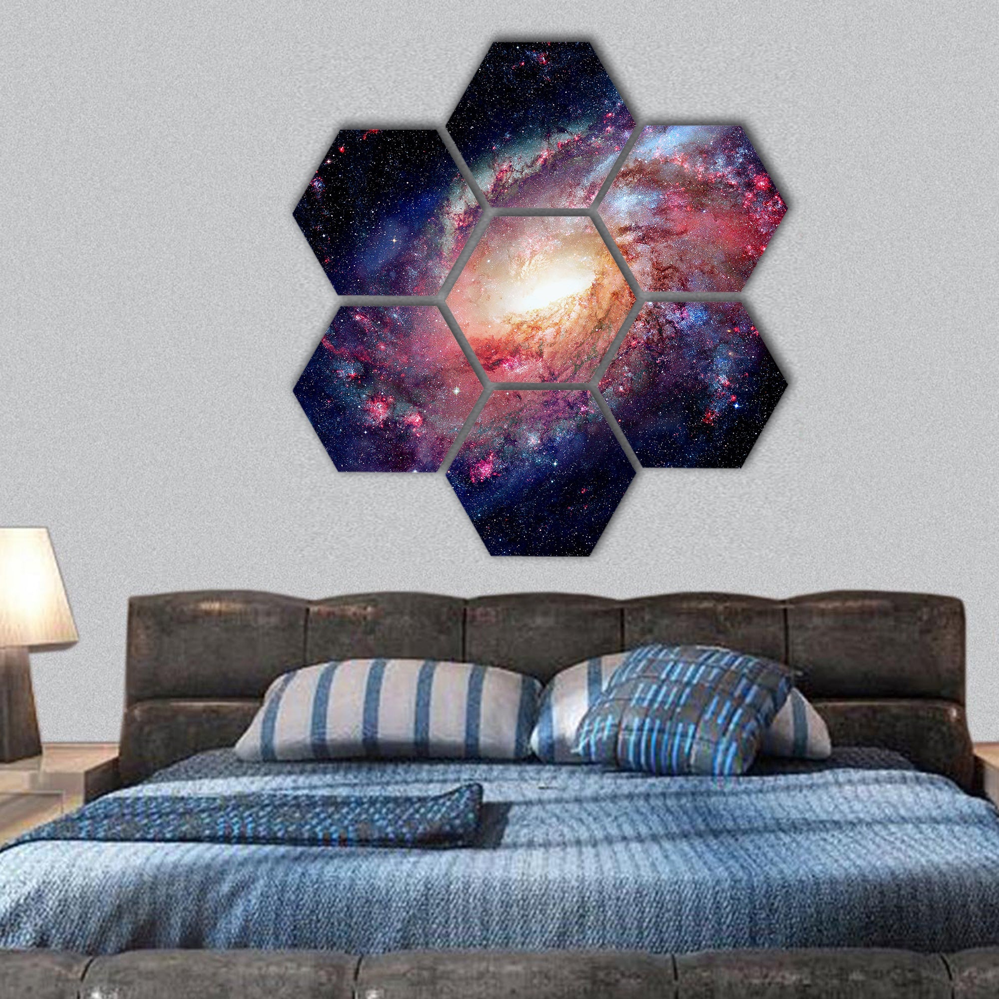 Spiral galaxy and nebula. Furnished by NASA hexagonal canvas wall art