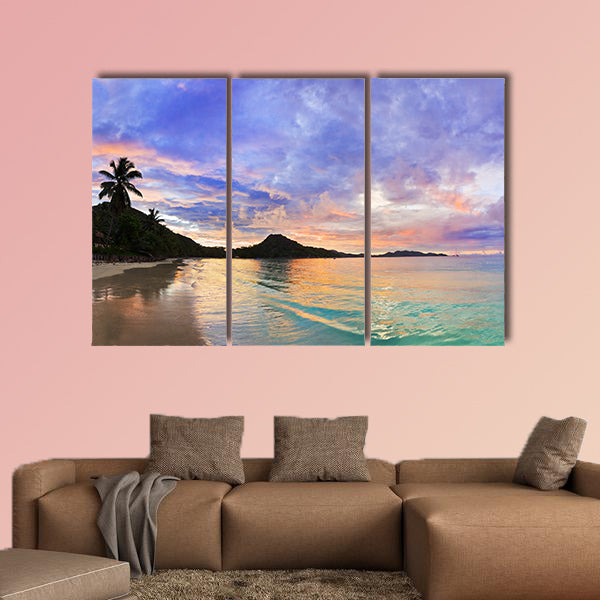 Tropical beach Cote d'Or at sunset, Seychelles multi panel canvas wall art