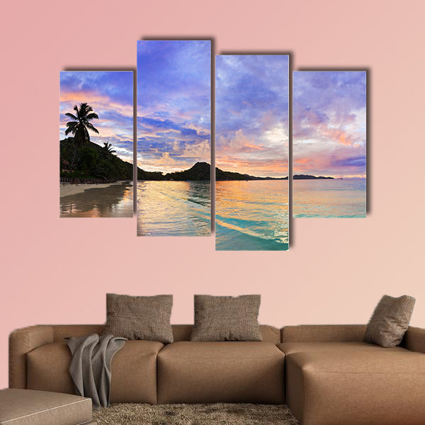 Tropical beach Cote d'Or at sunset, Seychelles multi panel canvas wall art