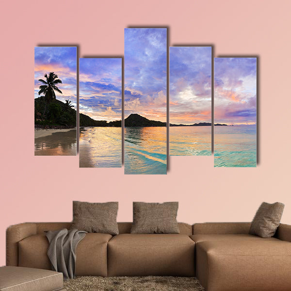 Tropical beach Cote d'Or at sunset, Seychelles multi panel canvas wall art