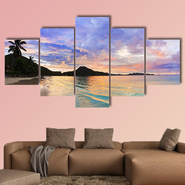 Tropical beach Cote d'Or at sunset, Seychelles multi panel canvas wall art