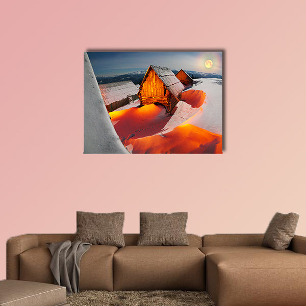 Blizzard covered alpine fields shepherds in multi panel canvas wall art