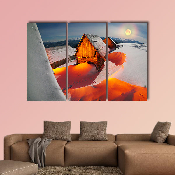 Blizzard covered alpine fields shepherds in multi panel canvas wall art