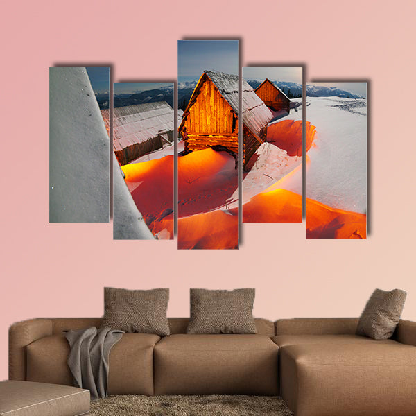 Blizzard covered alpine fields shepherds in multi panel canvas wall art