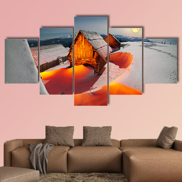 Blizzard covered alpine fields shepherds in multi panel canvas wall art