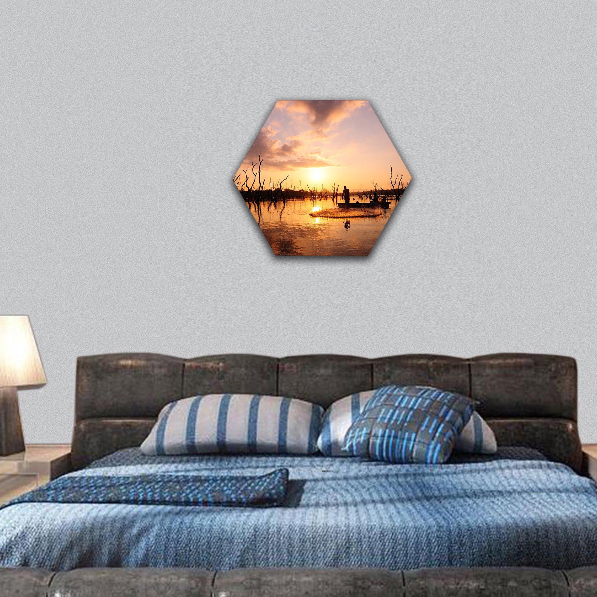 Silhouette of fisherman hexagonal canvas wall art