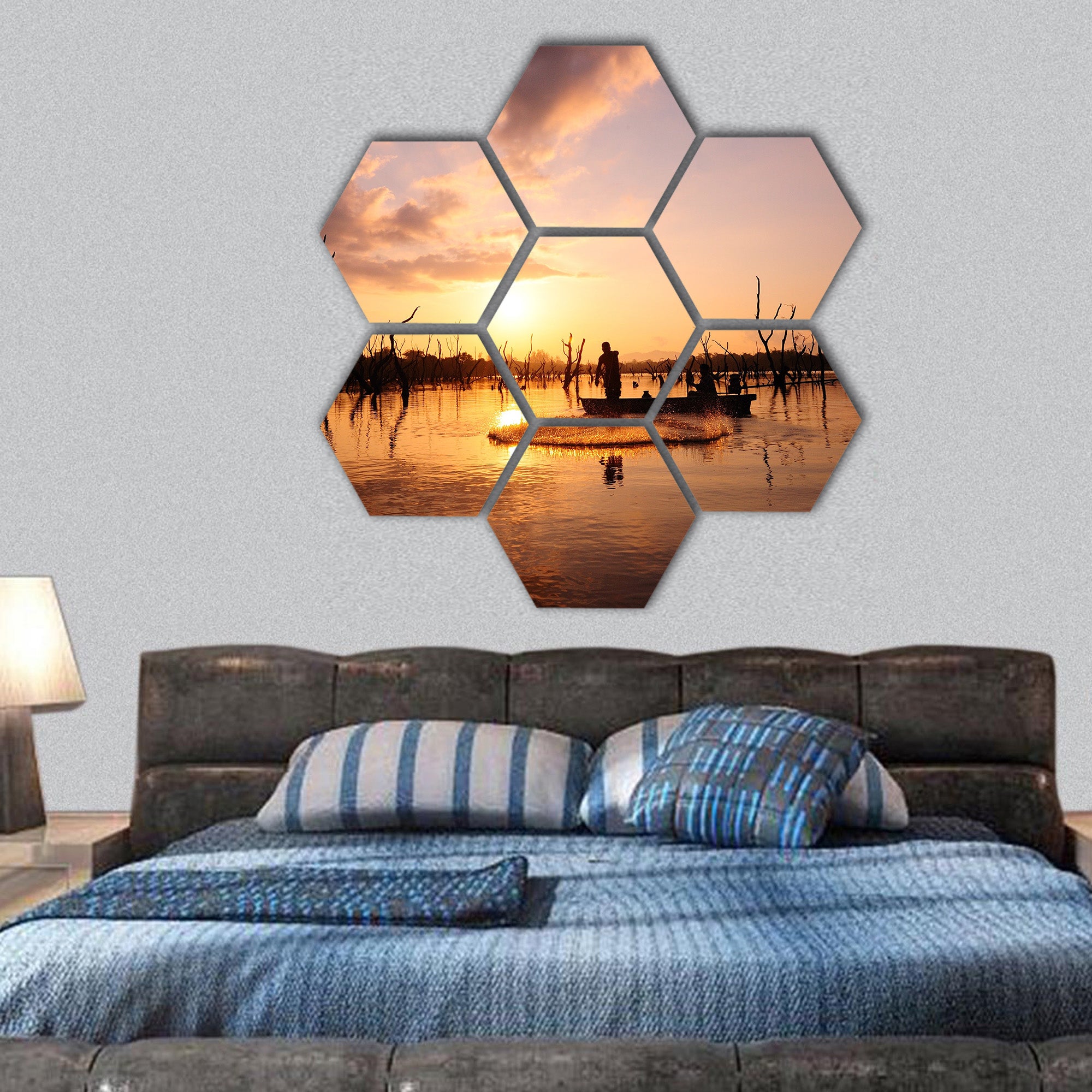 Silhouette of fisherman hexagonal canvas wall art