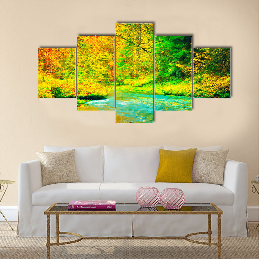 Watercolor paint effect in autumn colorful forest multi panel canvas wall art