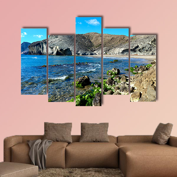 Volcanic rock-formations at Playa de Monsul multi panel canvas wall art