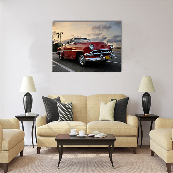 red classic vintage american car parked Multi panel canvas wall art
