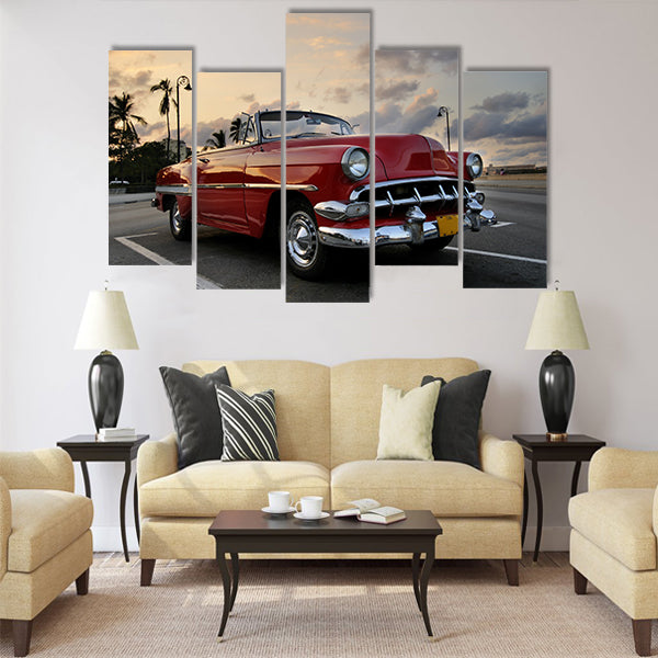 red classic vintage american car parked Multi panel canvas wall art