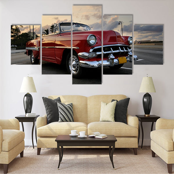 red classic vintage american car parked Multi panel canvas wall art