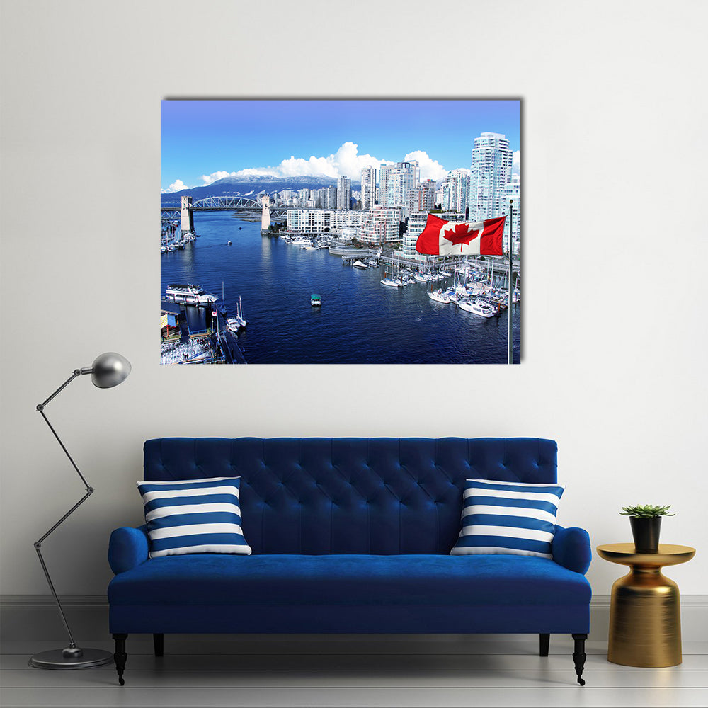 Canadian flag in front of view of False Creek Canada Multi panel canvas wall art