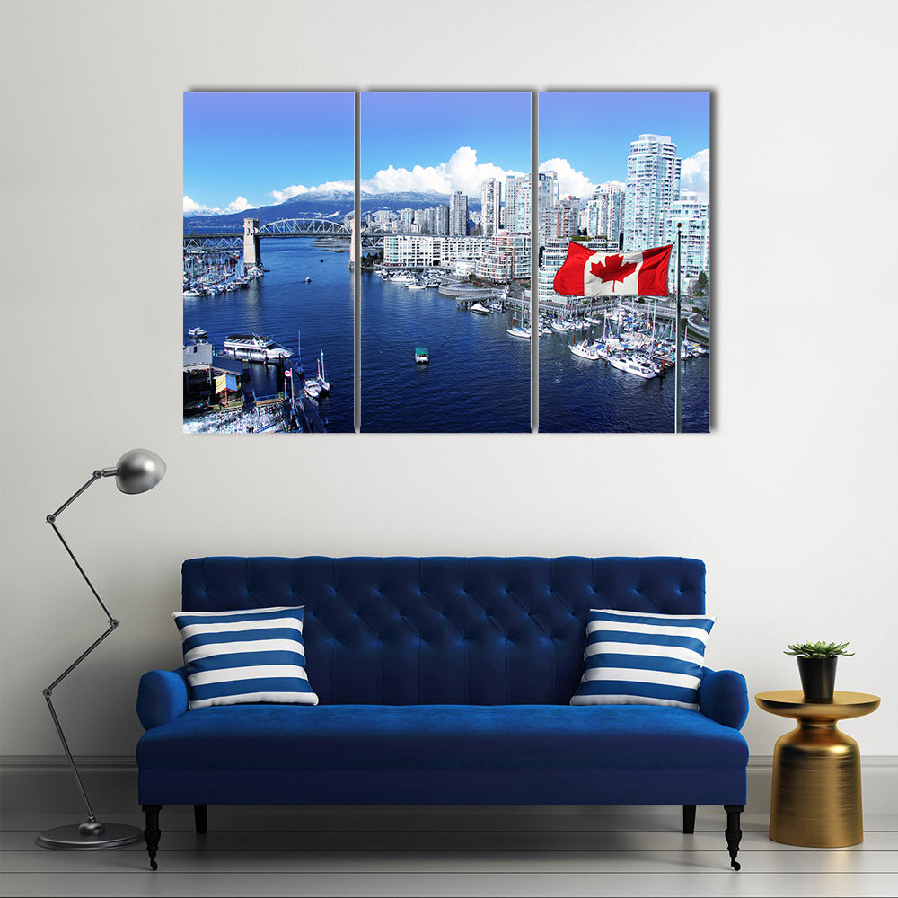 Canadian flag in front of view of False Creek Canada Multi panel canvas wall art