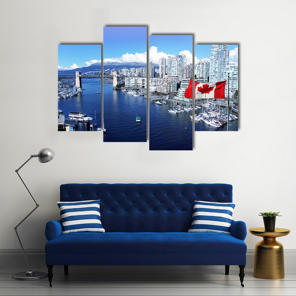 Canadian flag in front of view of False Creek Canada Multi panel canvas wall art
