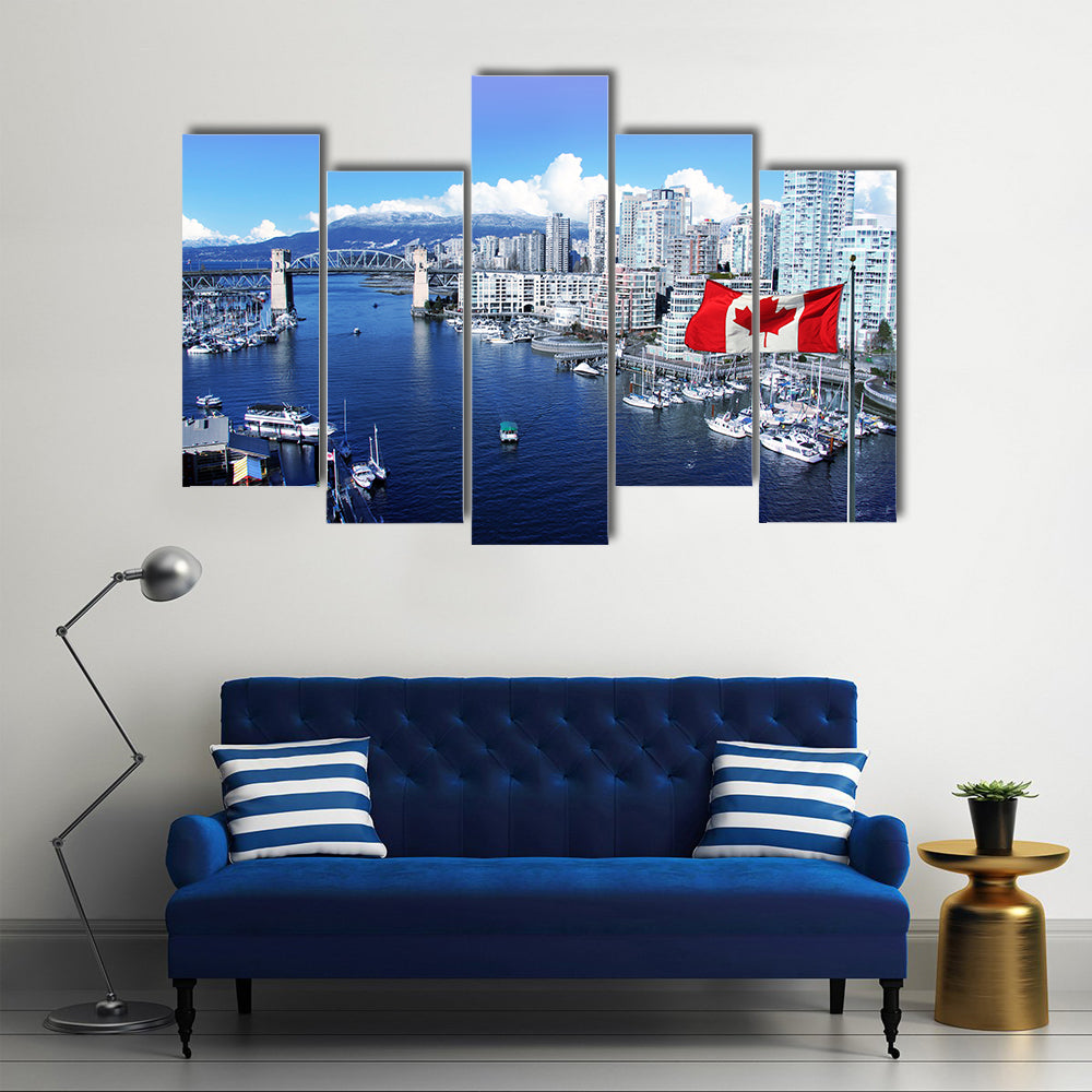 Canadian flag in front of view of False Creek Canada Multi panel canvas wall art