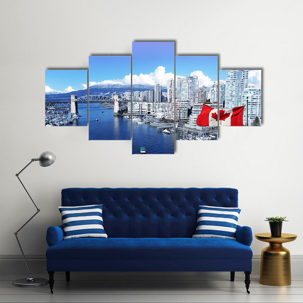 Canadian flag in front of view of False Creek Canada Multi panel canvas wall art