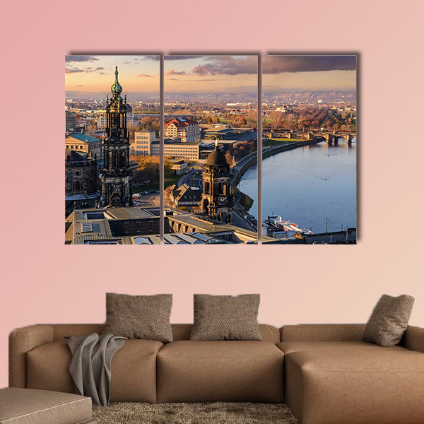 Panorama of the Dresden city skyline at sunset in Saxony multi panel canvas wall art