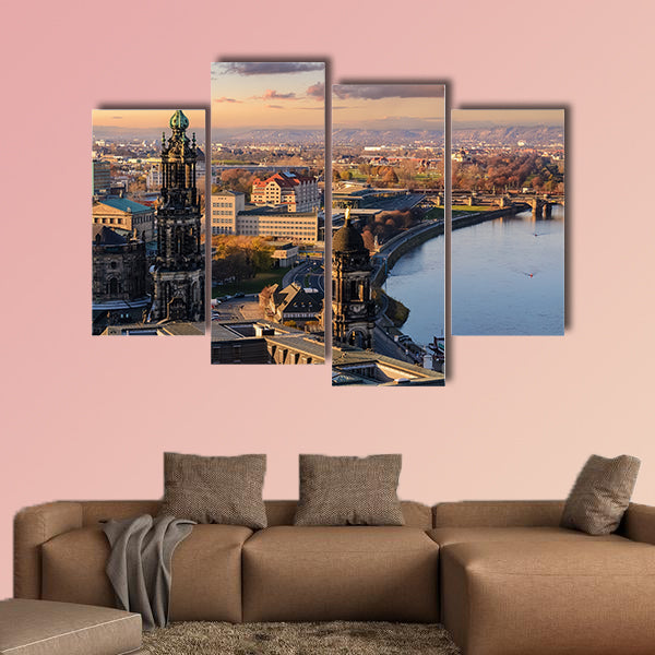 Panorama of the Dresden city skyline at sunset in Saxony multi panel canvas wall art