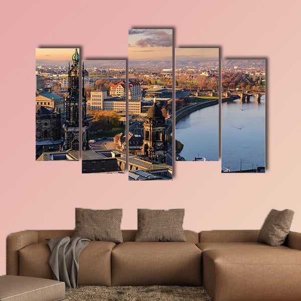 Panorama of the Dresden city skyline at sunset in Saxony multi panel canvas wall art
