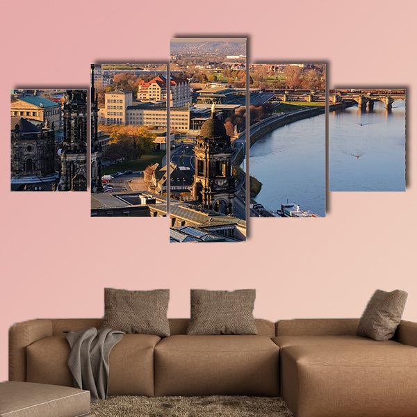 Panorama of the Dresden city skyline at sunset in Saxony multi panel canvas wall art