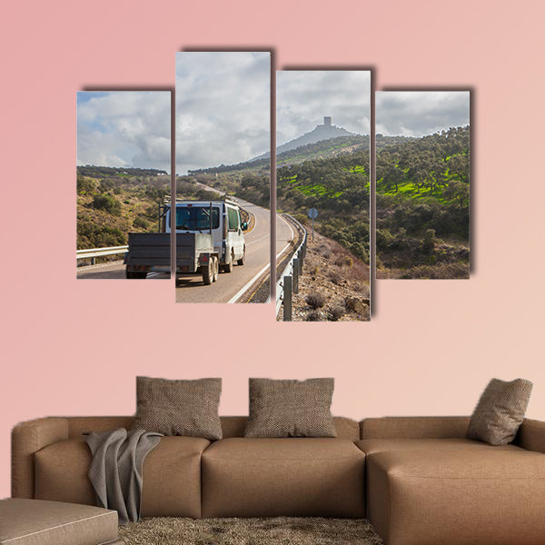 Van with trailer moving towards Feria Castle Hill, Extremadura, Spain multi panel canvas wall art