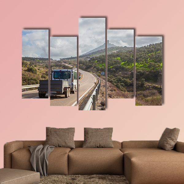 Van with trailer moving towards Feria Castle Hill, Extremadura, Spain multi panel canvas wall art