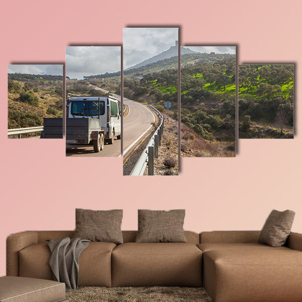 Van with trailer moving towards Feria Castle Hill, Extremadura, Spain multi panel canvas wall art
