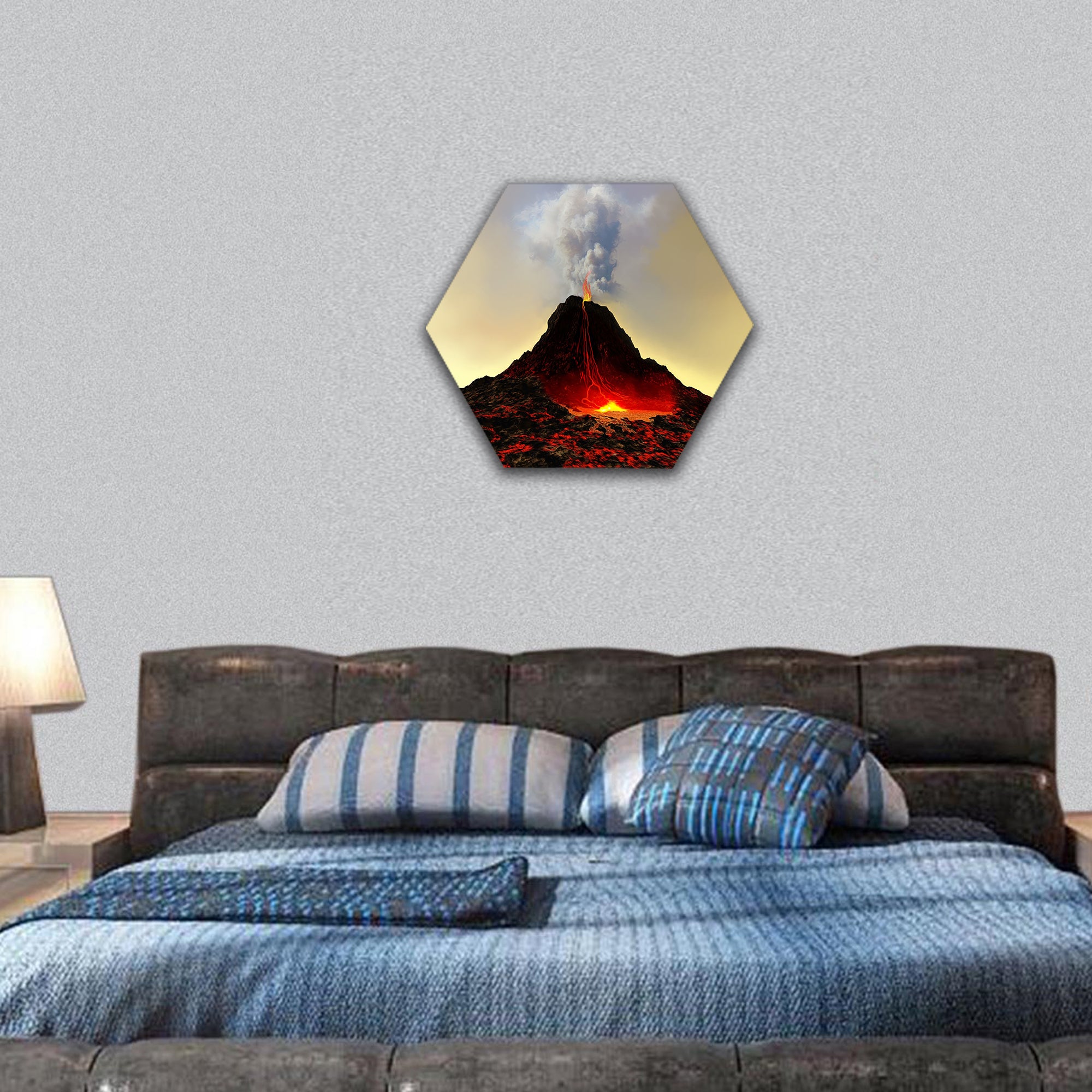 Active volcano spews out hot red lava and smoke hexagonal canvas wall art