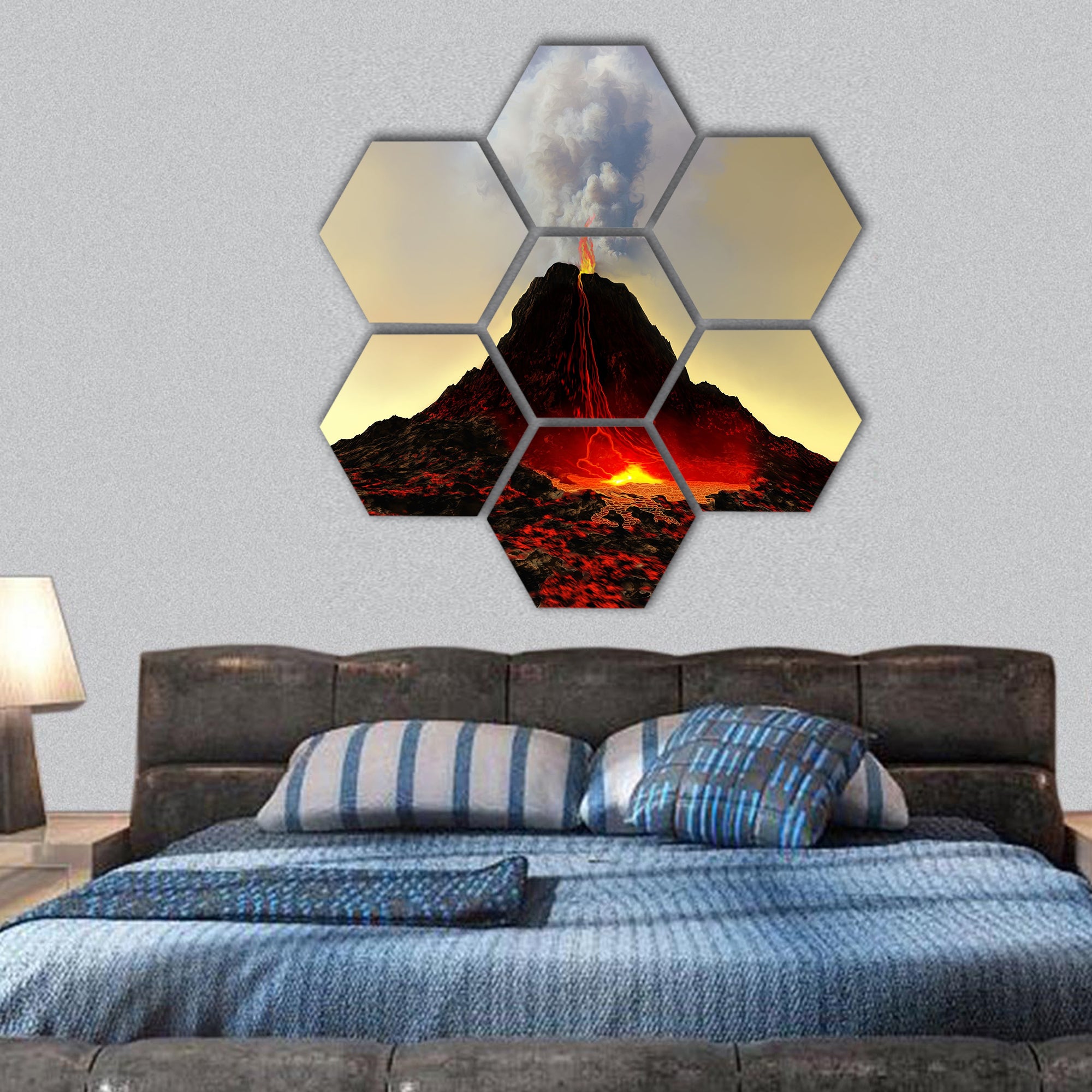 Active volcano spews out hot red lava and smoke hexagonal canvas wall art