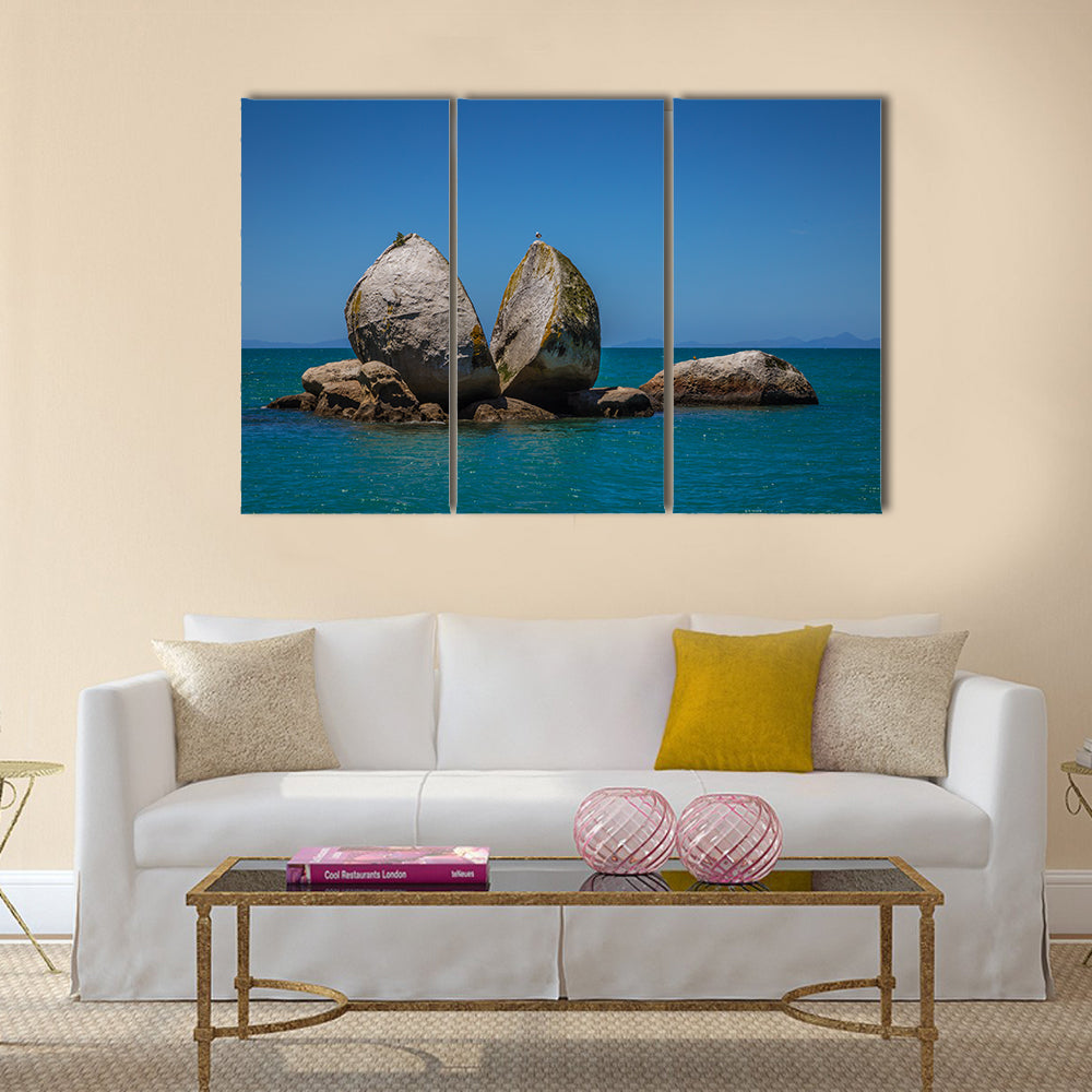 The Split Apple Rock With Seagull On The Top Of The Kaiteriteri Beach, Abel Tasman National Park, New Zealand, Multi Panel Canvas Wall Art