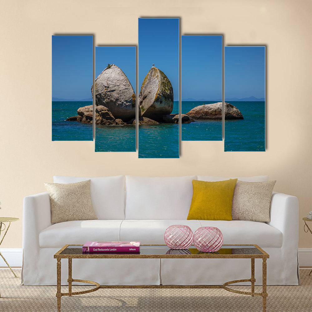 The Split Apple Rock With Seagull On The Top Of The Kaiteriteri Beach, Abel Tasman National Park, New Zealand, Multi Panel Canvas Wall Art
