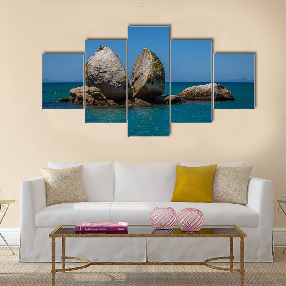 The Split Apple Rock With Seagull On The Top Of The Kaiteriteri Beach, Abel Tasman National Park, New Zealand, Multi Panel Canvas Wall Art
