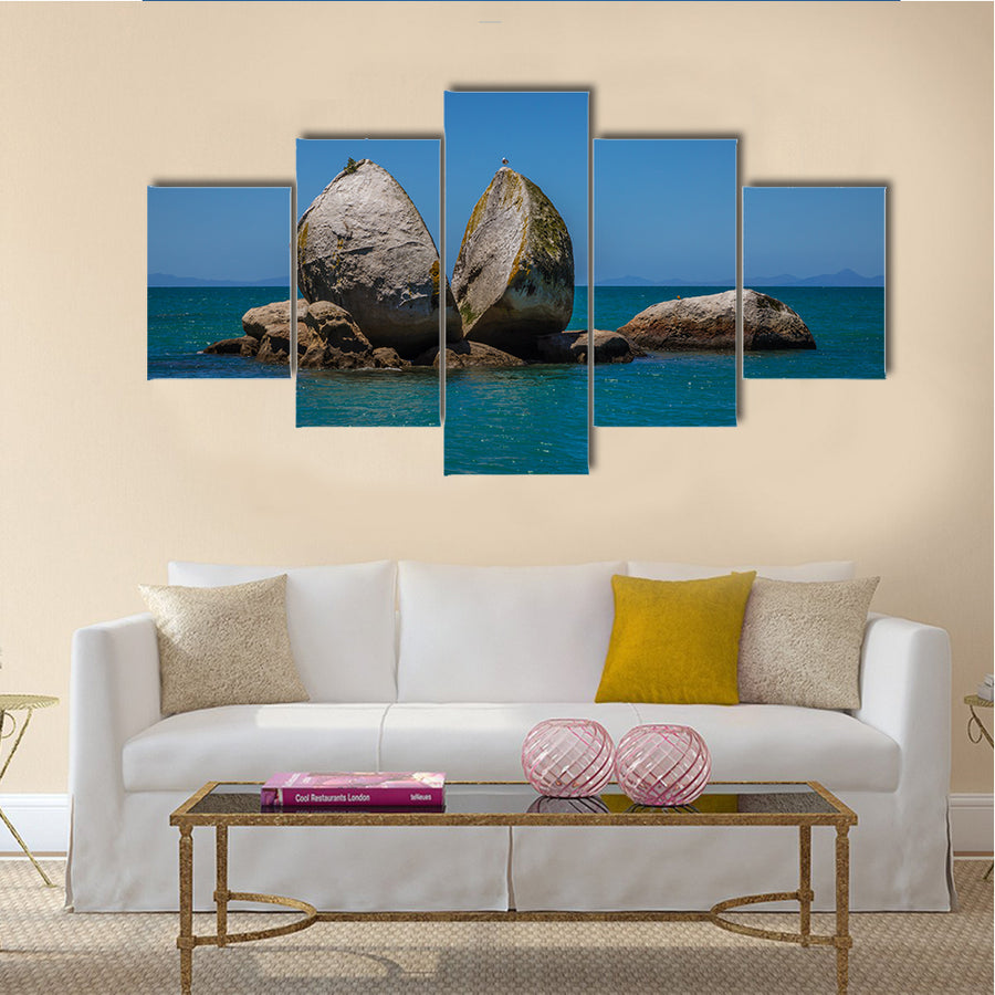 The Split Apple Rock With Seagull On The Top Of The Kaiteriteri Beach, Abel Tasman National Park, New Zealand, Multi Panel Canvas Wall Art