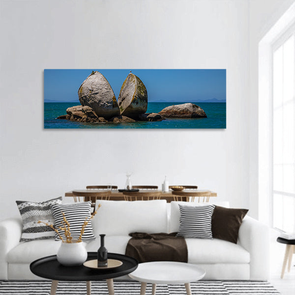 Split apple rock with seagull  Kaiteriteri beach, New Zealand Panoramic canvas Wall Art