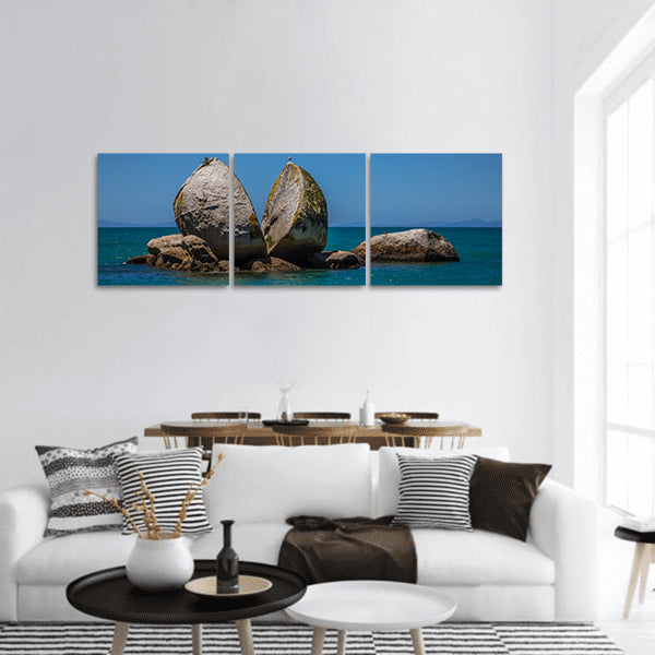 Split apple rock with seagull  Kaiteriteri beach, New Zealand Panoramic canvas Wall Art