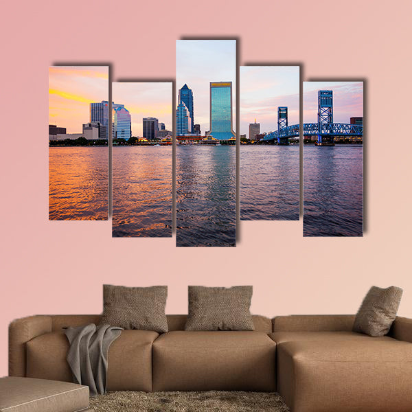 Jacksonville, Florida city skyline over the St. John's River multi panel canvas wall art