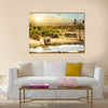 Dreamy scene of common South African safari wildlife animals together at sunset Multi panel canvas wall art