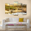 Dreamy scene of common South African safari wildlife animals together at sunset Multi panel canvas wall art