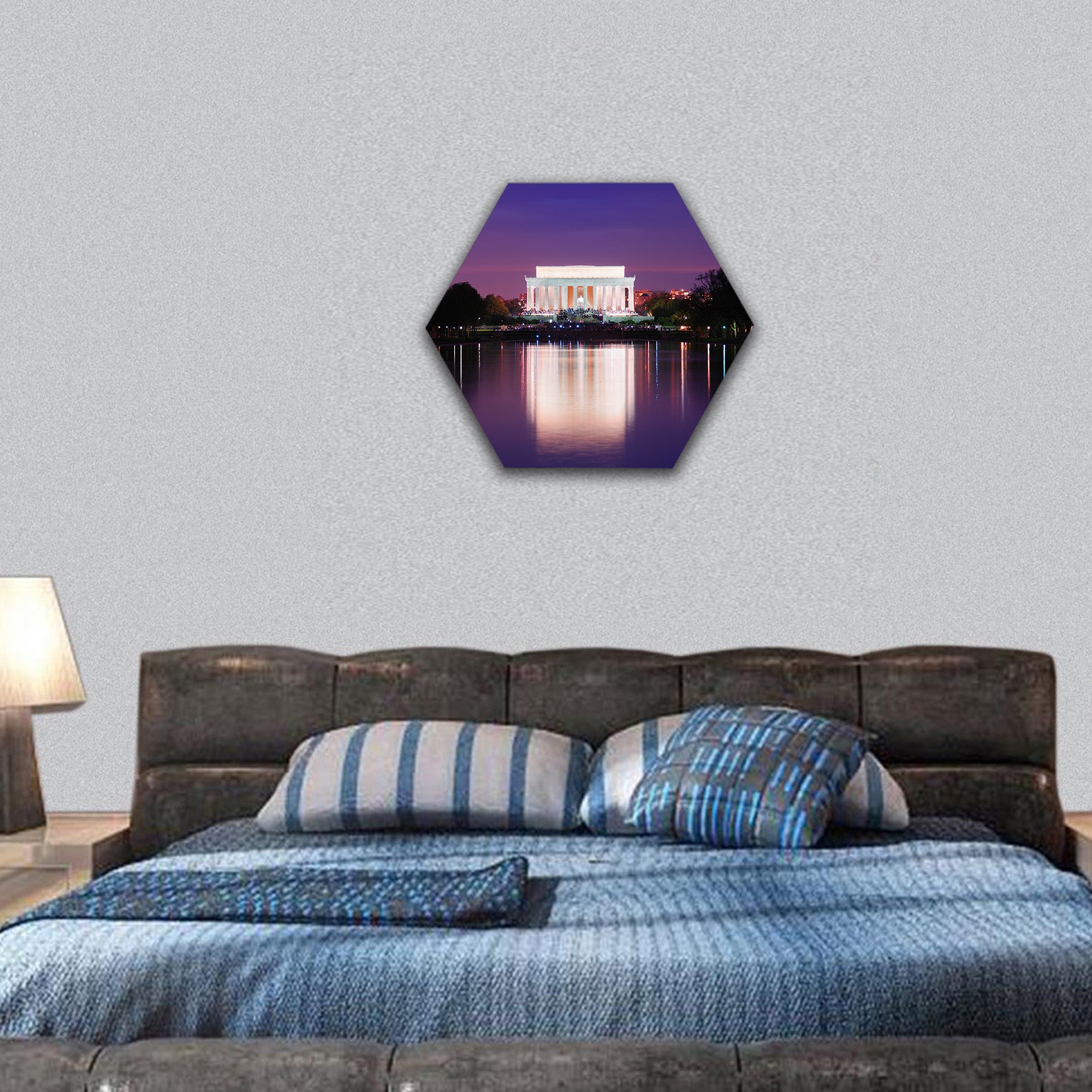 Lincoln Memorial at sunset with lake reflections hexagonal canvas wall art