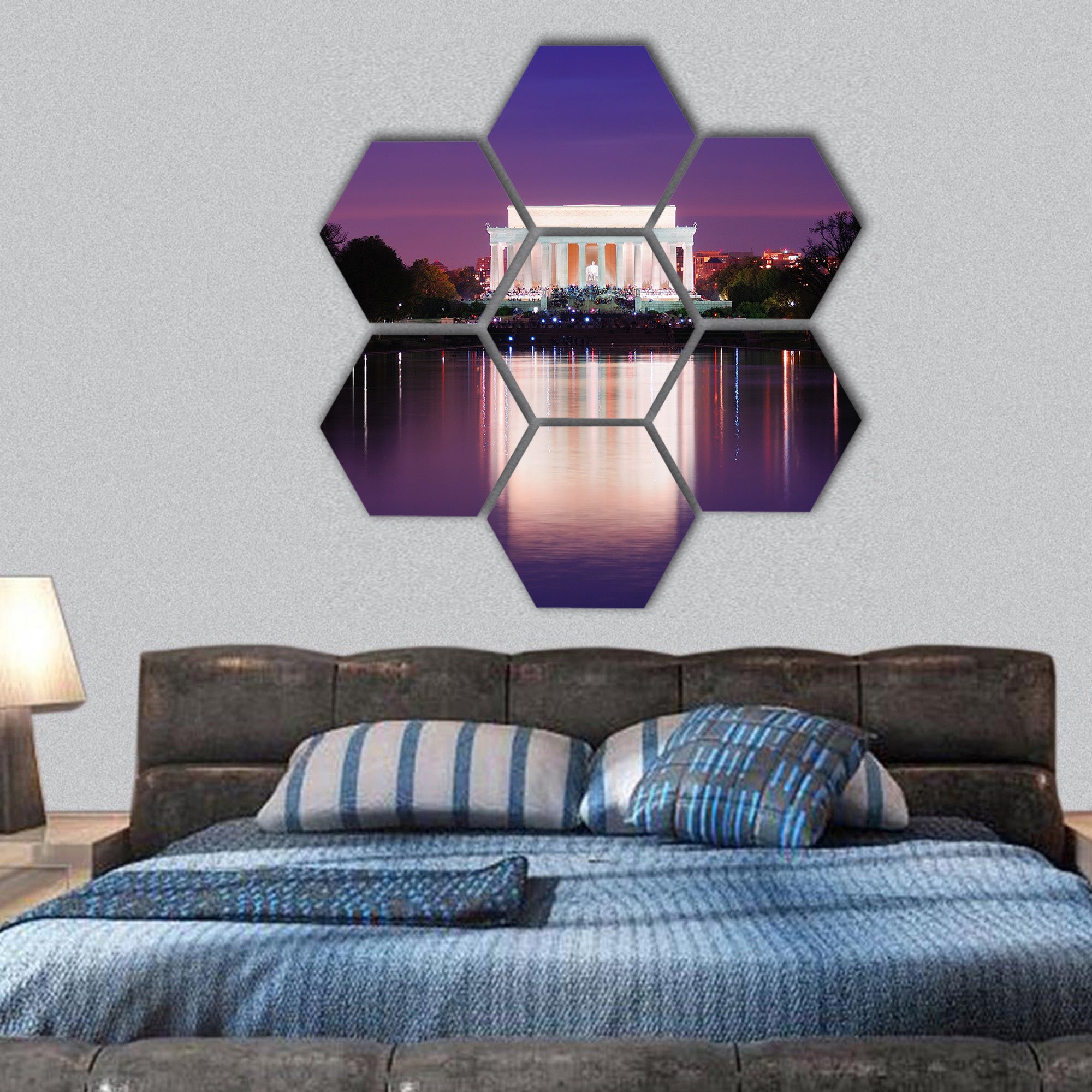 Lincoln Memorial at sunset with lake reflections hexagonal canvas wall art